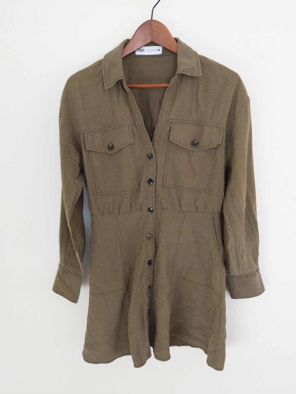 ZARA Khaki Olive Green Utility Shirt Mini Dress Long Sleeve Button Down Medium